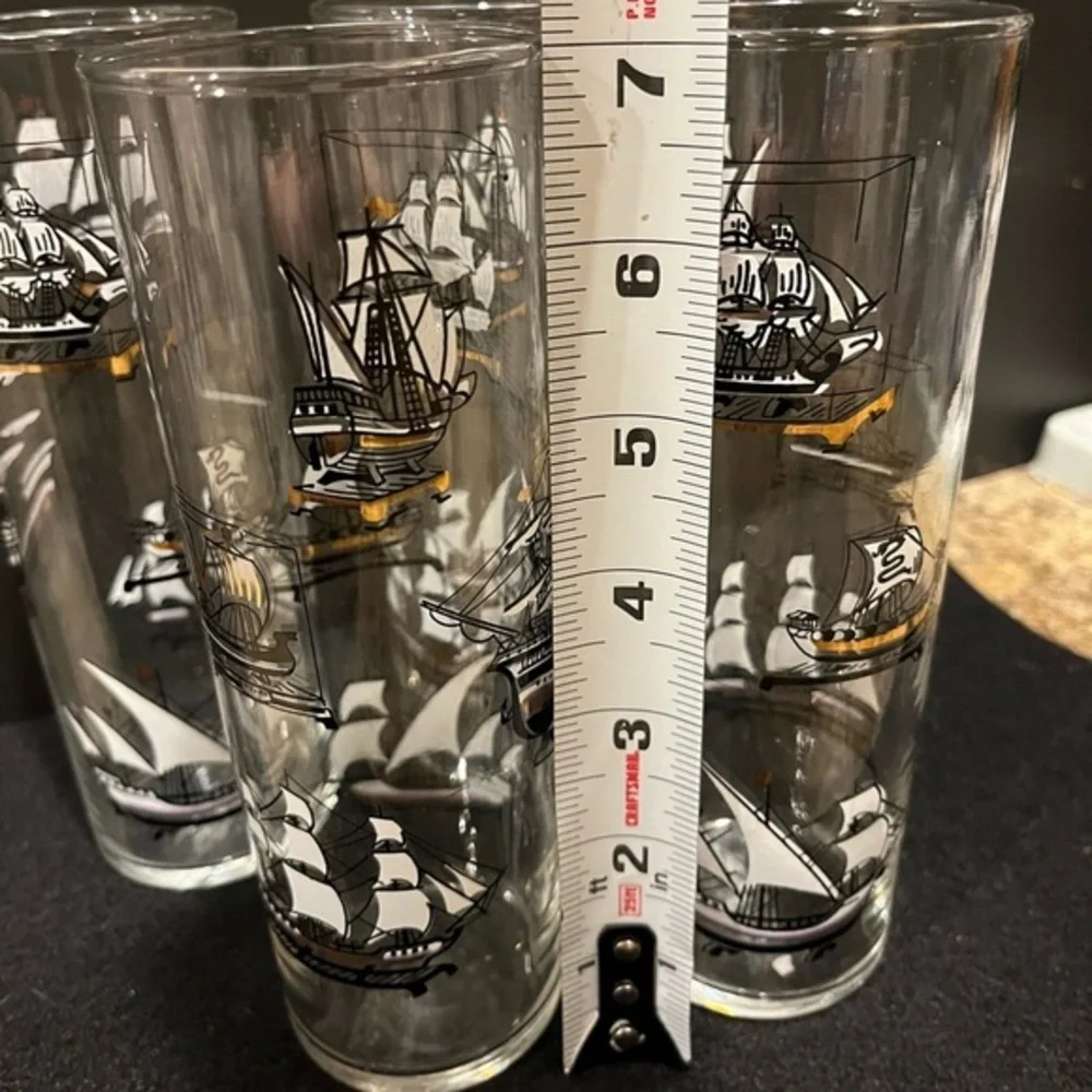 Vintage Libbey Nautical Tall Ship Design Hi Ball Glasses Set of 4